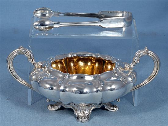 A William IV silver two handled sugar bowl, bowl width 215mm, weight 12.3oz/385grms.